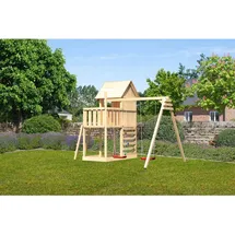 Karibu Spielhaus Frieda mit Doppelschaukel und Kletterwand Natur