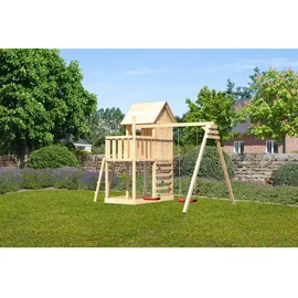 Karibu Spielhaus Frieda mit Doppelschaukel und Kletterwand Natur