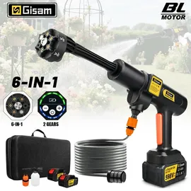 GISAM Akku-Hochdruckreiniger, Max 507 PSI Hochdruckreiniger, mit 2 x 3000 mAh Akkus, Schaumsprüher, 6-in-1 Multifunktionsdüse und 180° drehbare Düse zum Reinigen und Bewässern