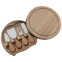 4-tlg. Käsebrett drehbar Käseschneidebrett Eiche Käseplatte mit Käsemesser Set