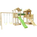 Jungle Gym Spielturm JUNGLE GYM "Stronghold", grün (hellgrün), Spieltürme, KinderB:394cm H:310cm T:626cm, Holz, Spielanlage mit 2 Türmen, Schaukel und Rutsche mit Wasseranschluss, B:394cm H:310cm T:626cm