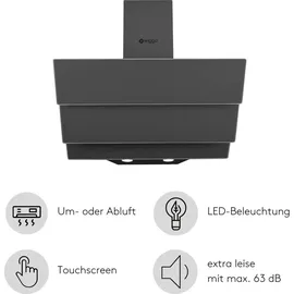 Wiggo Dunstabzugshaube 60cm kopffrei I Abluft Umluft Dunstabzug 300m3/h - LED Touch-Display 3 Stufen I Schräghaube inkl. Fettfilter & 2x Kohlefil...