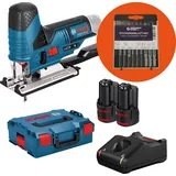 Bosch Akku-Stichsäge GST 12V-70 / 2x 2,0 Ah Akku + Ladegerät + WS24 Stichsägeblatt-Box 10tlg. Holz/Metall in L-Boxx