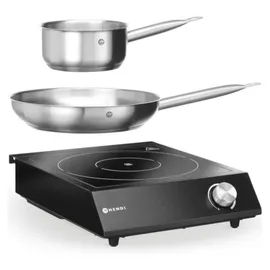 HENDI Set: Induktionskocher 3500W + Stielkasserolle + Bratpfanne, Schwarz, 220-240V/3500W, 320x395x(H)95mm -