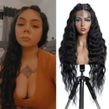 FASHION IDOL Lace Front Curly Wigs 31" Long Synthetic Natural Water Wavy Wig for Black Women Natural Black with E Type HD Lace Wig