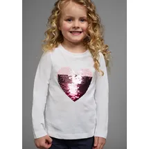 Kidsworld Langarmshirt "mit Paillettenherz zum Wenden", Mädchen, Gr. 128/134, weiß, Jersey, Obermaterial: 100% Baumwolle, bedruckt, Basic hüftlang, Rundhals, abgesteppte Kante, Shirts Langarmshirt, Langarm, Basic-Passform, mit glitzernden Pailletten