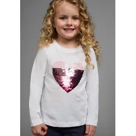 Kidsworld Langarmshirt "mit Paillettenherz zum Wenden", Mädchen, Gr. 128/134, weiß, Jersey, Obermaterial: 100% Baumwolle, bedruckt, Basic hüftlang, Rundhals, abgesteppte Kante, Shirts Langarmshirt, Langarm, Basic-Passform, mit glitzernden Pailletten