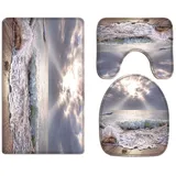 A.Monamour Badezimmer Badematte 3 Teilig Set Strand Küste Landschaft In Der Morgen Blick Auf Das Meer Natur Landschaft Flanell Saugfähig Badteppiche Badvorleger Badgarnitur WC Vorleger
