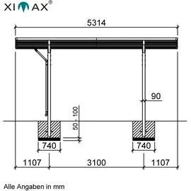 Ximax Carport Wing 2,80 x 5,31 m anthrazit mit Regenrinne