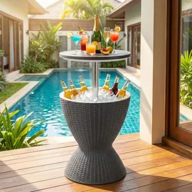 Fantask COSTWAY 3 in 1 Cool Bar, höhenverstellbarer Beistelltisch, 30L Outdoor Bier- und Weinkühler in Rattanoptik, Getränkekühler mit Abflussloch, für Terrasse, Party, Poolbereiche,