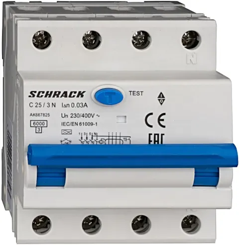 Schrack LS-FI-Schalter AMPARO, 6kA, Kennlinie C, 25A, 30mA, 3+N, Typ A (AK667825--)