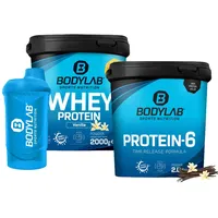Bodylab24 Megadeal 24 Stunden Eiweiß, Whey Protein Vanille, Protein-6 Vanille und Shaker für Kraftsport und Fitness, kann den Aufbau und Erhalt von Muskelmasse unterstützen
