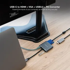 NANOCABLE USB-C-zu-HDMI/VGA/USB3.0/PD-Konverter 15 cm Grau