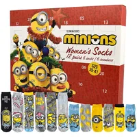 United Labels Minions Adventskalender mit 12 Paar Socken für Damen, Größe 35-41, Kalender mit Sneaker und langen Socken, Weihnachtskalender Geschenk