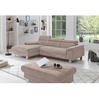 Ecksofa COTTA "Komaris L-Form" Sofas Gr. B/H/T: 244cm x 72cm x 166cm, Microfaser PRIMABELLE, Recamiere links, ohne Bettfunktion-ohne Bettkasten-ohne RGB-LED-Beleuchtung, braun (mud) mit Kopfteilverstellung, wahlweise Bettfunktion,Stauraum & Beleuchtung