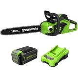 40V Akku-Kettensäge Greenworks mit bürstenlosem Motor GD40CS18, 40cm Blattlänge, 20 m/s Kettengeschwindigkeit, 3,81 kg, 3 Jahre Garantie & 40V 4Ah Lithium-Ionen-Akku + 2A Universal Akku Ladegerät