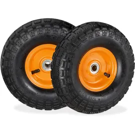 Relaxdays Sackkarrenrad 2er Set, 4.10 3.50-4, luftbereift, Stahlfelge, 136 kg, Schubkarrenrad, Ersatzrad, schwarz/orange
