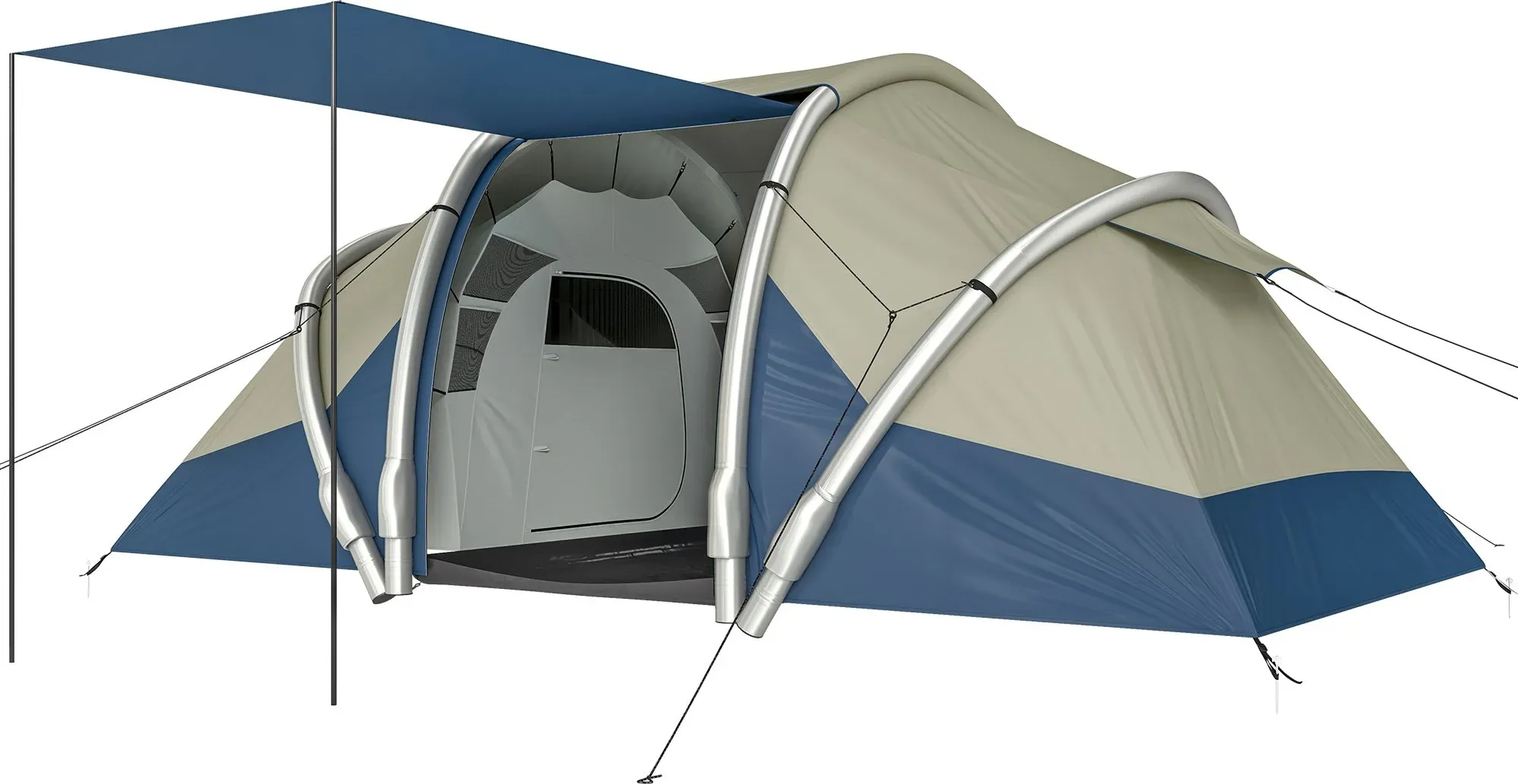 Outsunny Aufblasbares Zelt 4 Personen Schneller Aufbau Outdoor Camping Zelt mit Luftpumpe 2 Schlafzimmer Meshfenster fluoreszierend Heringen Vordach, Wasserdicht Air Glamping Zelte aus Oxfordstoff   Aosom