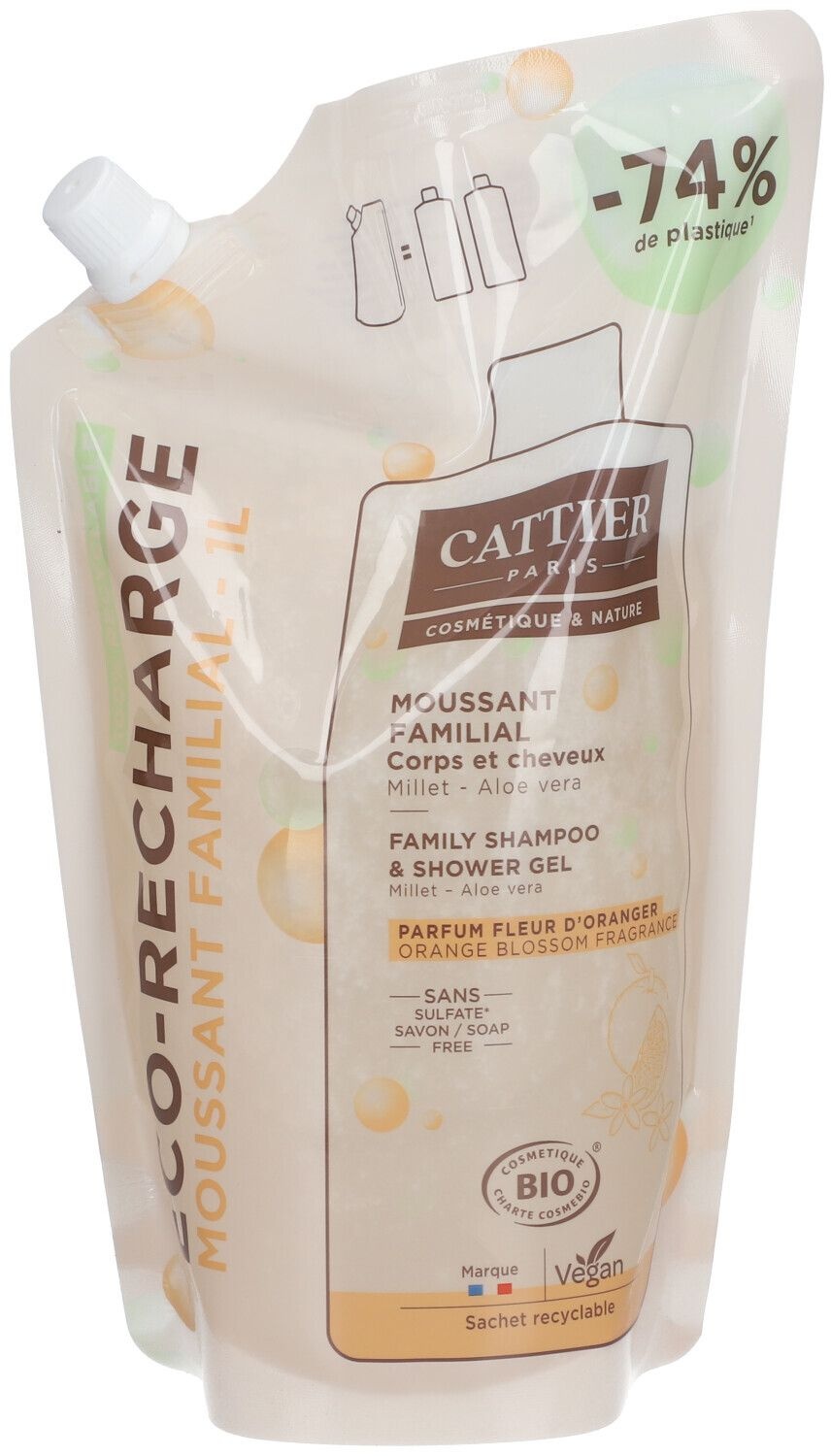 CATTIER Moussant familial sans sulfates Bio Éco-recharge 1000 ml mousse(s)
