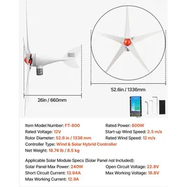Vevor 800W 12V Horizontale Windkraftanlage Windgenerator mit MPPT & PWM, 5 Rotorblätter, 3-Phasen-Wechselstrom, IP67 & Überladeschutz, Wind- & Solar-Hybridregler, Windturbine für Wohnhaus RV Marine