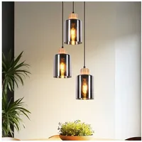 Nettlife Pendelleuchte Holz esstisch Vintage 1/3/4 flammig E27 Esszimmerlampe Industrial, Höhenverstellbar, LED wechselbar, Rauchglas Hängelampe für Küche Esszimmer Flur schwarz Rund