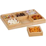 Relaxdays Snackschalen Set, mit Serviertablett, Bambus, 6 Schälchen, für Chips, Nüsse & Süßigkeiten, Servierset, Natur, 1 Stück