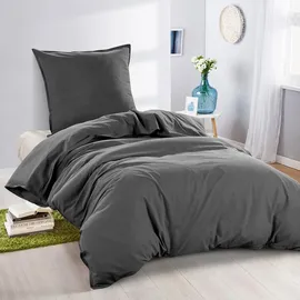 Wometo Bettwäsche Renforce Stone-Washed 135x200 & 80x80 100% Baumwolle - dunkelgrau OEKO-TEX weich modern Used-Look Leinen-Optik