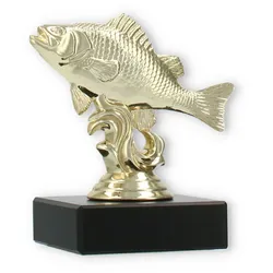 Pokal Kunststofffigur Flussbarsch gold auf schwarzem Marmorsockel 9,8cm