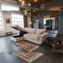 KAWOLA Sofa DAMETO Ecksofa Bettsofa Schlafsofa mit Stauraum Cord rosa Recamiere links