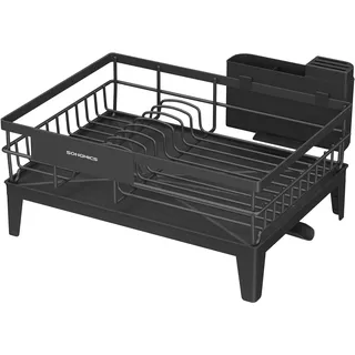 Songmics Abtropfgestell Geschirr, Geschirr-Abtropfständer, 360° drehbarer und ausziehbarer Ablauf, Abtropfschale, Besteckhalter, Küche, 31 x 42 x 18,5 cm, tintenschwarz KCS550B01