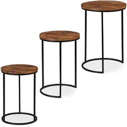Relaxdays Satztisch 3er Set, runde Beistelltische, Mangoholz, Industrie Design, schwarzes Metallgestell, 3 Größen, natur