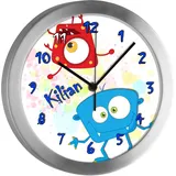 CreaDesign Kinder Funkwanduhr mit (Wunsch) Namen | Kinderzimmer Funkuhr| mit Analog ? Ziffernblatt | geräuscharm | Wanduhr Kind | Motiv Monster Farbkleks