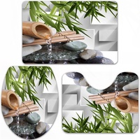 URSOPET Badteppich-Set 3-teilige, rutschfeste,Feuille, Zen Zen Bamboo Asian Spa Zen Stone Water Flow,rutschfeste Badematte, U-förmiger Konturteppich und Toilettendeckel