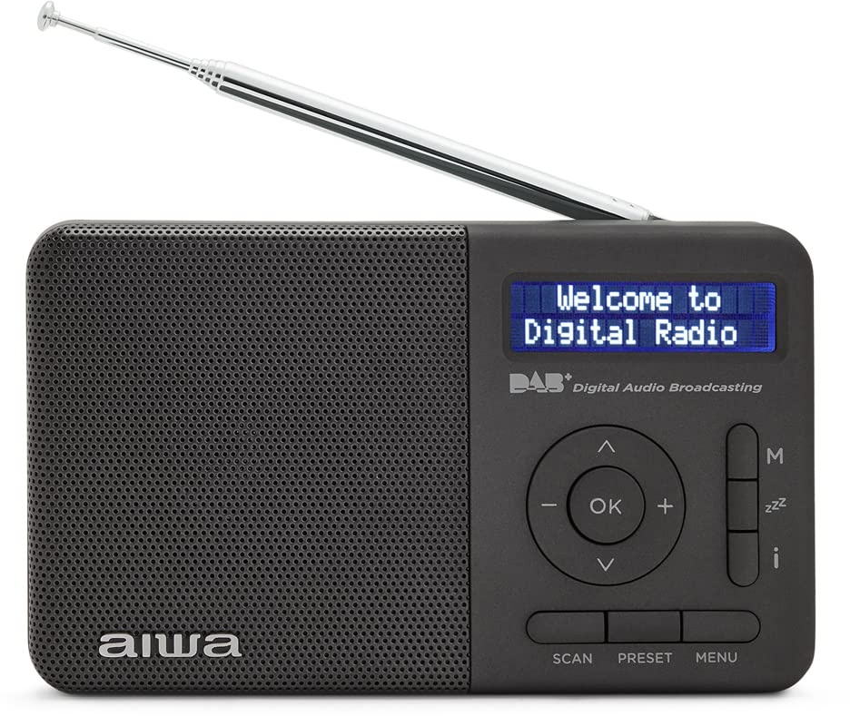 Aiwa RD-40DAB/BK: Wiederaufladbares digitales tragbares Radio (Dab/Dab+/FM, eingebauter Lautsprecher, 100 Voreinstellungen, Punktmatrix-Display, Kopfhöreranschluss, Dual-Alarm, wiederaufladbarer Akku)