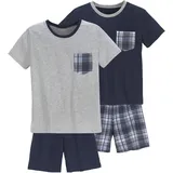 LE JOGGER Pyjama LE JOGGER, Kinder, Gr. 170/176, blau (marine, grau, meliert), Jersey, Obermaterial: 100% Baumwolle, kariert, unifarben, Basic, bequem kurz, Rundhals, Kurzarm abgesteppte Kante, Homewear-Sets, Hose 1x uni und 1x kariert