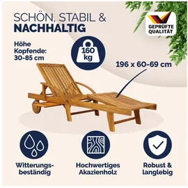 CASARIA Sonnenliege 2er Set Klappbar Wetterfest 2 Personen Holz Gartenliege Mit 2 Räder Ablage Tisch Liegestuhl Verstellbare Rücken- Fußlehne Garten 196cm - Casaria
