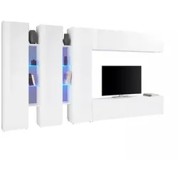 Dmora Wohnzimmermöbel Carmelo, Wohnzimmer-Set TV-Möbel mit 5 Türen, Mehrzweck-Wohnmöbel, 100% Made in Italy, cm 340x30h180, glänzend weiß