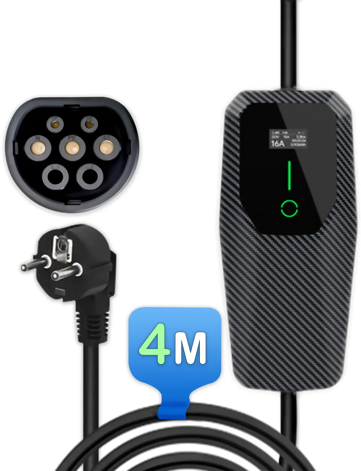 Junsun EV Ladegerät Elektroauto Ladekabel Typ 2 6-16A 3.5KW/11KW/22KW - 1-Phasig - 3.5KW - Schwarz - 4M