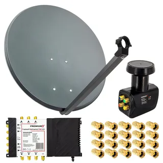 PremiumX Satelliten-Komplettanlage 80cm Satellitenschüssel Multischalter 5/6 Quattro LNB 20x F-Stecker, 1 SAT für 6 Teilnehmer