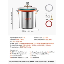 Vevor Vakuumkammer 34,1 L aus Edelstahl, Vakuum-Entgasungskammer mit Gehärtetem Glasdeckel, Schlauch und Luftfilter, für Harzguss, Holzstabilisierung sowie Silikon, Epoxidharz und Ätherische Öle