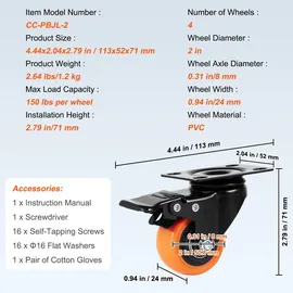 Vevor Möbelrollen 4er-Set Lenkrollen PVC φ50,8mm Laufrollen 272kg Tragfähigkeit Transportrollen mit Doppelkugellagern Kastenrollen 360° Drehbar Schwerlastrollen für Häusern Büros Studios Fabriken