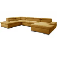 Cavadore Wohnlandschaft Alkatraz im modernen Design / U-Form mit Ottomane links und Longchair rechts / Inkl. Bettfunktion + Kopfteilverstellung / 350 x 73 x 226 / Gelb