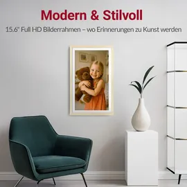 Xoro CPF 15 Zoll WiFi Digitale Bilderrahmen, 1920x1080 HD IPS Touch Display, 32GB Speicher, Automatische Rotation, Buchenholz, Teilen Sie Fotos sofort von überall aus