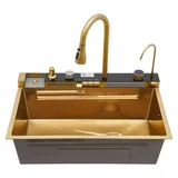Wasserfall-Küchenspüle - Einbeckenspüle aus Edelstahl - Ausziehbare Armatur - Temperaturregelbar - Mehrere Wasserstrahlarten - 75 x 46 x 22 cm -...
