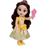 Disney Princess Belle Puppe 35cm, reflektierende Glitzeraugen, bewegliche Gelenke, ausziehbares Kleid, Schuhe, Krone, langes braunes Haar, für Mädchen ab 3 Jahren