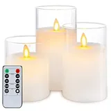 Homemory Weiß Glas Flackernde Flammenlose Kerzen, Batteriebetriebene LED-Stumpenkerzen mit Fernbedienung und Timer, Bewegliche Flamme, Wachs, 3er-Set