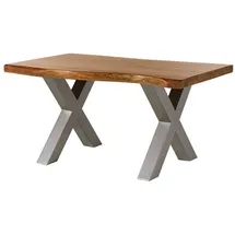 Massivmoebel24 Baumtisch Akazie 140 x 90 x 77 cm natur lackiert/silber matt