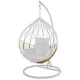 Kideo Komplettset: großer Hängesessel mit Gestell & Kissen, Poly-Rattan, zweifarbiger Korb, weiß, braun (Kissenfarbe: weiß)