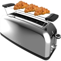 Cecotec Vertikaler Toaster Toastin' time 850 Inox Long, 850W, Doppelter langer und breiter Schlitz von 3,8 cm, Obere Stäbe, Edelstahl, Automatische Abschaltung und Pop-up-Funktion, Krümelablage