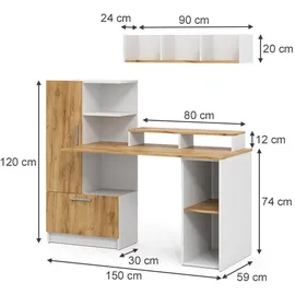 Vicco Schreibtisch Tomy, Weiß/Goldkraft Eiche, 150 x 59 cm 4er Set, Vicco